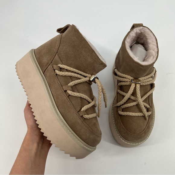 INUIKII Tan Shearling Lined Suede Platform Lace Up Low Winter Comfort Boots 38 - Picture 2 of 10